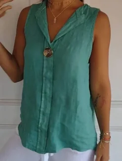 Women's Shirt Button Up Cotton Linen Shirt Blouse Solid Color Elegant Daily Stylish Sleeveless V Neck Regular Tops Daily Holiday Going out Patchwork White Navy Blue Green Khaki Summer Spring