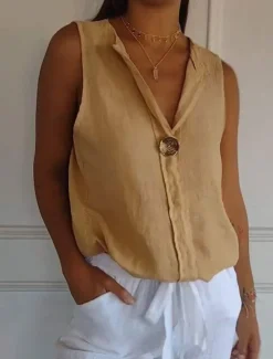 Women's Shirt Button Up Cotton Linen Shirt Blouse Solid Color Elegant Daily Stylish Sleeveless V Neck Regular Tops Daily Holiday Going out Patchwork White Navy Blue Green Khaki Summer Spring
