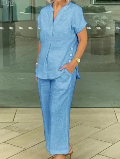 Women's Shirt Cotton Linen Sets Two Piece Sets Linen Pants Short Sleeve Solid Color Navy Blue Blue Gray Summer Regular Fit