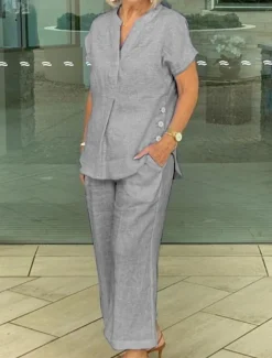 Women's Shirt Cotton Linen Sets Two Piece Sets Linen Pants Short Sleeve Solid Color Navy Blue Blue Gray Summer Regular Fit