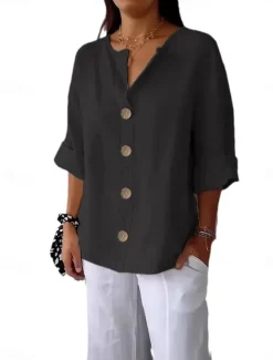 Women's Shirt Cotton Linen Shirts Button Up Blouse Solid Color Basic Casual 3/4 Length Sleeve V Neck Regular Tops Daily Buttons Black White Red Khaki Summer