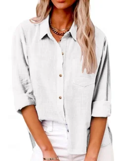 Women's Shirt Cotton Linen Shirts Button Up Blouse Plain Fashion Neon & Bright Long Sleeve Shirt Collar Regular Tops Casual Buttons Pocket Denim Blue Black White Yellow Pink Spring & Fall