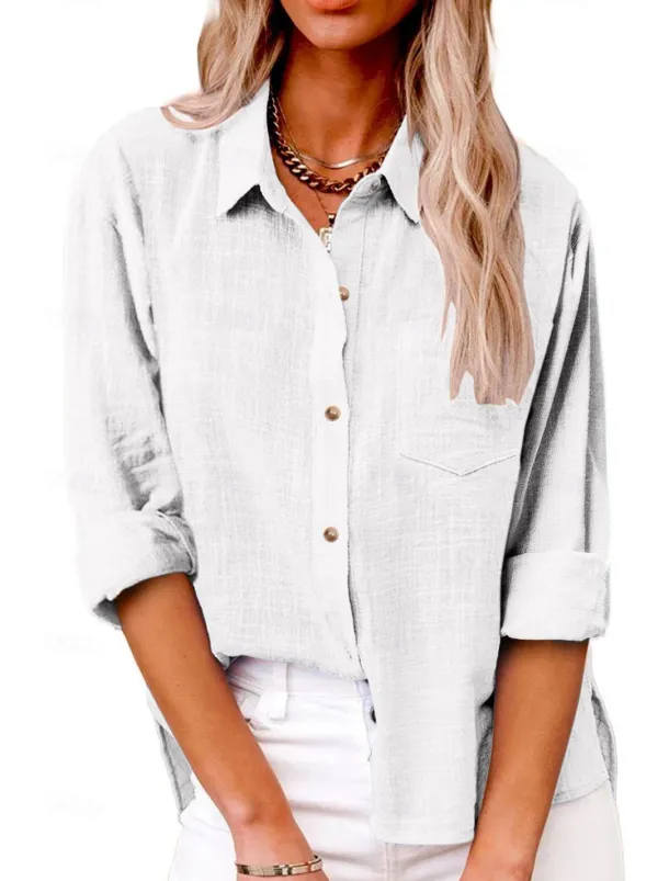 Women's Shirt Cotton Linen Shirts Button Up Blouse Plain Fashion Neon & Bright Long Sleeve Shirt Collar Regular Tops Casual Buttons Pocket Denim Blue Black White Yellow Pink Spring & Fall