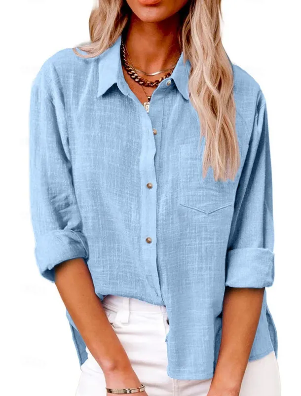 Women's Shirt Cotton Linen Shirts Button Up Blouse Plain Fashion Neon & Bright Long Sleeve Shirt Collar Regular Tops Casual Buttons Pocket Denim Blue Black White Yellow Pink Spring & Fall