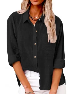 Women's Shirt Cotton Linen Shirts Button Up Blouse Plain Fashion Neon & Bright Long Sleeve Shirt Collar Regular Tops Casual Buttons Pocket Denim Blue Black White Yellow Pink Spring & Fall