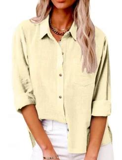 Women's Shirt Cotton Linen Shirts Button Up Blouse Plain Fashion Neon & Bright Long Sleeve Shirt Collar Regular Tops Casual Buttons Pocket Denim Blue Black White Yellow Pink Spring & Fall