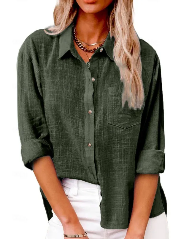 Women's Shirt Cotton Linen Shirts Button Up Blouse Plain Fashion Neon & Bright Long Sleeve Shirt Collar Regular Tops Casual Buttons Pocket Denim Blue Black White Yellow Pink Spring & Fall