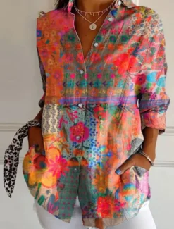 Women's Shirt Cotton Linen Shirts Button Up Blouse Floral Geometric Basic Casual Long Sleeve Shirt Collar Regular Tops Daily Buttons Print White Army Green Red Khaki Gray Fall Winter