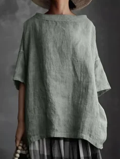 Women's Shirt Cotton Linen Shirts Cotton Linen Shirt Blouse Plain Casual Short Sleeve Crew Neck Regular Tops Daily Black White Gray Summer