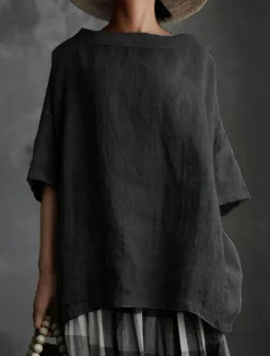 Women's Shirt Cotton Linen Shirts Cotton Linen Shirt Blouse Plain Casual Short Sleeve Crew Neck Regular Tops Daily Black White Gray Summer