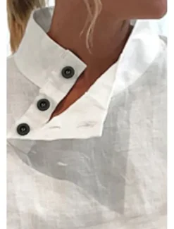 Women's Shirt Cotton Linen Shirts Blouse Plain Basic Modern Casual Long Sleeve High Neck Regular Tops Daily Going out Buttons White Summer