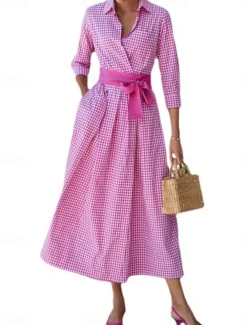 Women's Shirt Dress Casual Dress Maxi long Dress Date Vacation Modern Casual Shirt Collar Lace up Button Long Sleeve Summer Spring Regular Fit Plaid