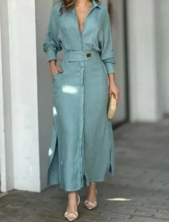 Women's Shirt Dress Long Dress Maxi Dress Pocket Split Daily Date Vacation Active Fashion Shirt Collar Long Sleeve Black White Pink Color