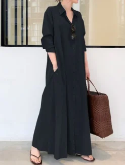 Women's Shirt Dress Maxi Dress Button Pocket Casual Shirt Collar Long Sleeve Black Green Coffee Color