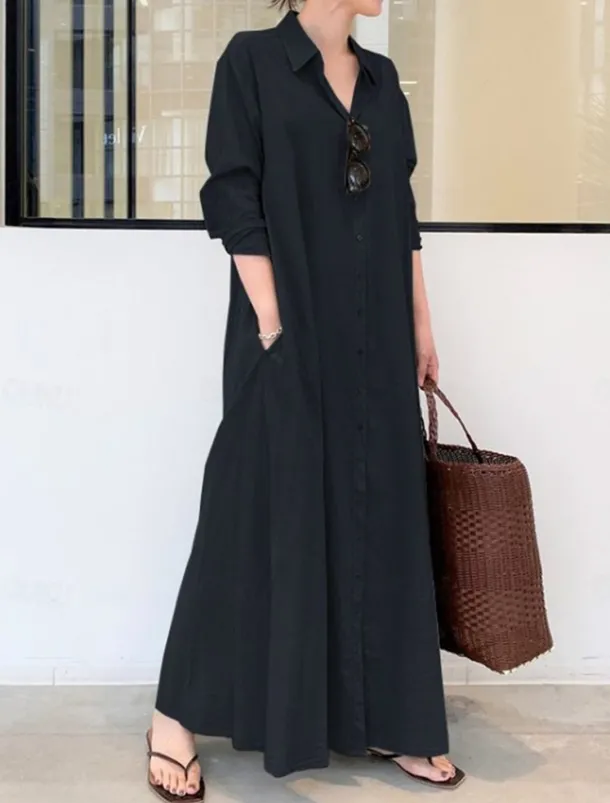 Women's Shirt Dress Maxi Dress Button Pocket Casual Shirt Collar Long Sleeve Black Green Coffee Color