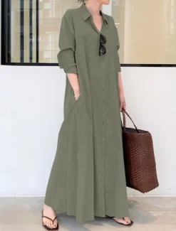 Women's Shirt Dress Maxi Dress Button Pocket Casual Shirt Collar Long Sleeve Black Green Coffee Color