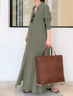 Women's Shirt Dress Maxi Dress Button Pocket Casual Shirt Collar Long Sleeve Black Green Coffee Color