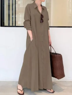 Women's Shirt Dress Maxi Dress Button Pocket Casual Shirt Collar Long Sleeve Black Green Coffee Color