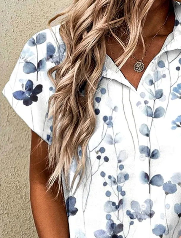 Women's Shirt Floral Graphic Vintage Tropical Daily Short Sleeve Cap Sleeve Shirt Collar Long Tops Daily Light Blue Summer Spring