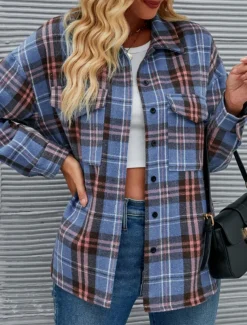 Women's Shirt Jacket Casual Jacket Comfortable Breathable Pocket Buttons Print Fashion Casual Plaid Vacation Street Casual Daily Wear Single Breasted Regular Stand Collar Regular Fit Long Sleeve