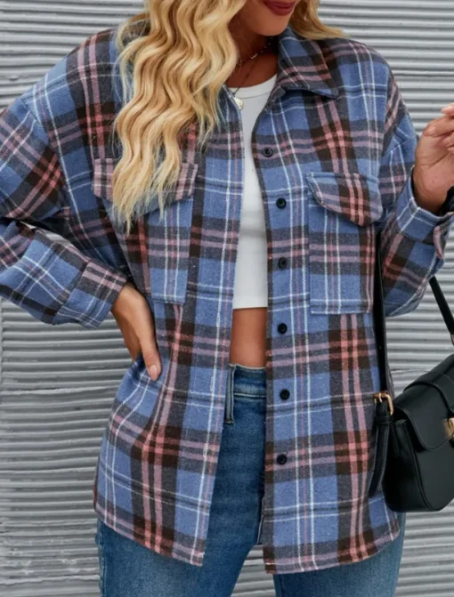 Women's Shirt Jacket Casual Jacket Comfortable Breathable Pocket Buttons Print Fashion Casual Plaid Vacation Street Casual Daily Wear Single Breasted Regular Stand Collar Regular Fit Long Sleeve