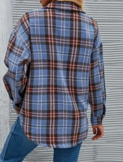 Women's Shirt Jacket Casual Jacket Comfortable Breathable Pocket Buttons Print Fashion Casual Plaid Vacation Street Casual Daily Wear Single Breasted Regular Stand Collar Regular Fit Long Sleeve