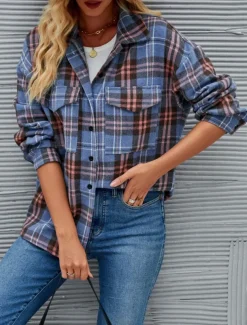 Women's Shirt Jacket Casual Jacket Comfortable Breathable Pocket Buttons Print Fashion Casual Plaid Vacation Street Casual Daily Wear Single Breasted Regular Stand Collar Regular Fit Long Sleeve