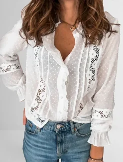Women's Shirt Lace Shirt Blouse Eyelet top Elegant Vintage Fashion Lace Patchwork Buttons Long Sleeve Regular Tops Daily Weekend White Spring Fall