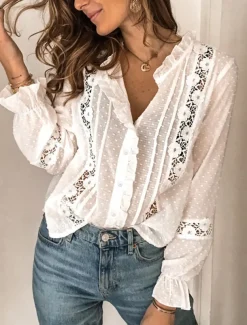 Women's Shirt Lace Shirt Blouse Eyelet top Elegant Vintage Fashion Lace Patchwork Buttons Long Sleeve Regular Tops Daily Weekend White Spring Fall