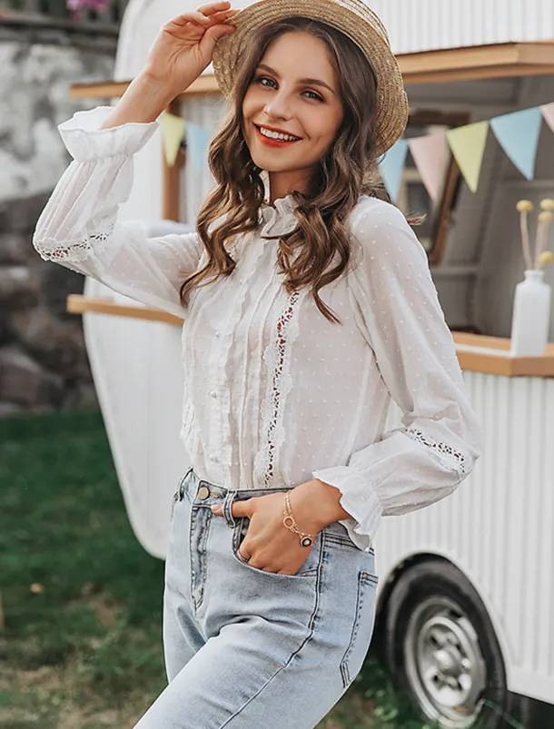 Women's Shirt Lace Shirt Blouse Eyelet top Elegant Vintage Fashion Lace Patchwork Buttons Long Sleeve Regular Tops Daily Weekend White Spring Fall