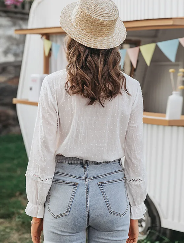 Women's Shirt Lace Shirt Blouse Eyelet top Elegant Vintage Fashion Lace Patchwork Buttons Long Sleeve Regular Tops Daily Weekend White Spring Fall