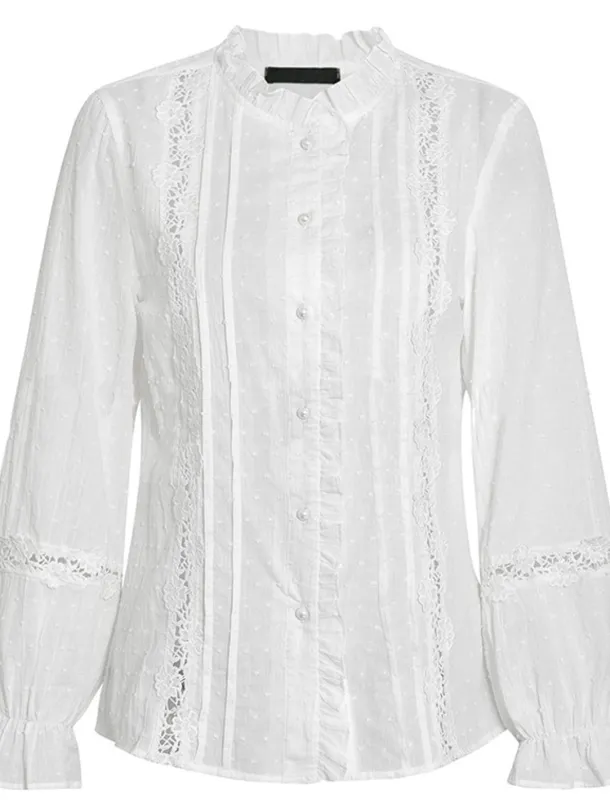 Women's Shirt Lace Shirt Blouse Eyelet top Elegant Vintage Fashion Lace Patchwork Buttons Long Sleeve Regular Tops Daily Weekend White Spring Fall
