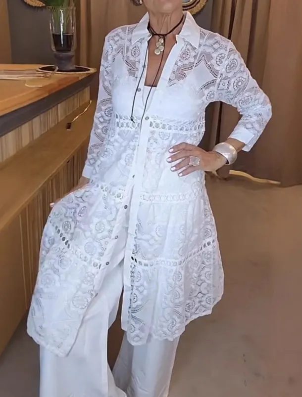 Women's Shirt Lace Shirt Blouse Plain Modern Casual Long Sleeve Shirt Collar Long Tops Daily Holiday Going out Lace White Summer