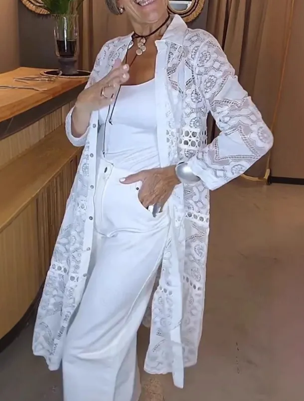 Women's Shirt Lace Shirt Blouse Plain Modern Casual Long Sleeve Shirt Collar Long Tops Daily Holiday Going out Lace White Summer