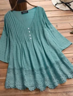 Women's Shirt Lace Shirt Linen-Inspired Shirts Blouse Pure Color Basic Casual 3/4 Length Sleeve V Neck Regular Tops Daily Lace Buttons White Pink Green Dark Blue Summer Spring Fall