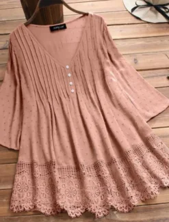 Women's Shirt Lace Shirt Linen-Inspired Shirts Blouse Pure Color Basic Casual 3/4 Length Sleeve V Neck Regular Tops Daily Lace Buttons White Pink Green Dark Blue Summer Spring Fall