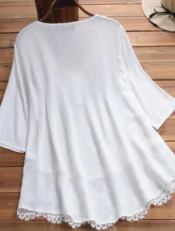 Women's Shirt Lace Shirt Linen-Inspired Shirts Blouse Pure Color Basic Casual 3/4 Length Sleeve V Neck Regular Tops Daily Lace Buttons White Pink Green Dark Blue Summer Spring Fall