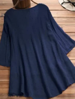 Women's Shirt Lace Shirt Linen-Inspired Shirts Blouse Pure Color Basic Casual 3/4 Length Sleeve V Neck Regular Tops Daily Lace Buttons White Pink Green Dark Blue Summer Spring Fall