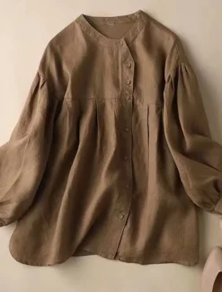 Women's Shirt Linen Shirt Blouse Long Cotton Top Solid Color Fashion Round Neck Street Daily Buttons Khaki Beige Spring & Fall