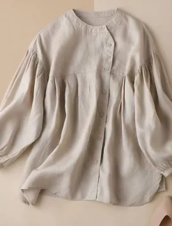 Women's Shirt Linen Shirt Blouse Long Cotton Top Solid Color Fashion Round Neck Street Daily Buttons Khaki Beige Spring & Fall