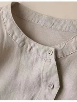Women's Shirt Linen Shirt Blouse Long Cotton Top Solid Color Fashion Round Neck Street Daily Buttons Khaki Beige Spring & Fall