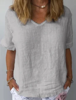 Women's Shirt Linen Shirt Cotton Linen Shirts Plain Daily Stylish Basic Short Sleeve V Neck Regular Tops Work Daily Holiday White Blue Gray Summer