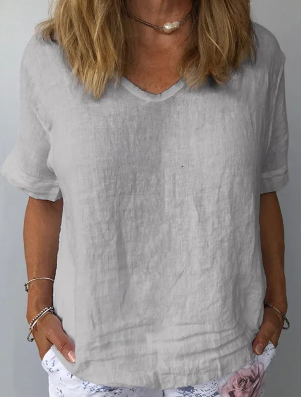 Women's Shirt Linen Shirt Cotton Linen Shirts Plain Daily Stylish Basic Short Sleeve V Neck Regular Tops Work Daily Holiday White Blue Gray Summer
