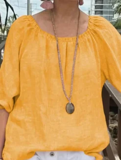 Women's Shirt Linen Shirt Cotton Linen Shirts Plain Daily Stylish Basic Long Sleeve Crew Neck Regular Tops Work Daily Holiday Yellow Green Light Grey Spring Fall