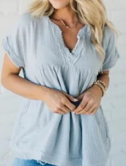 Women's Shirt Linen Shirt Cotton Linen Shirts Plain Daily Stylish Basic Short Sleeve V Neck Regular Tops Work Daily Holiday Black Army Green Gray Summer