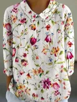 Women's Shirt Linen-Inspired Shirts Long Sleeve Shirt Collar White Blue Green Spring Fall
