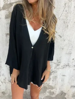 Women's Shirt Linen-Inspired Shirts Button Up Blouse Solid Color Stylish Casual Long Sleeve V Neck Regular Tops Daily Buttons Pocket Black Orange Green Beige Spring Fall