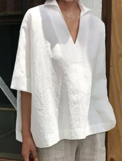 Women's Shirt Linen-Inspired Shirts Blouse Solid Color Basic Casual 3/4 Length Sleeve Notched Neck Regular Tops Daily White Pink Green Summer Spring