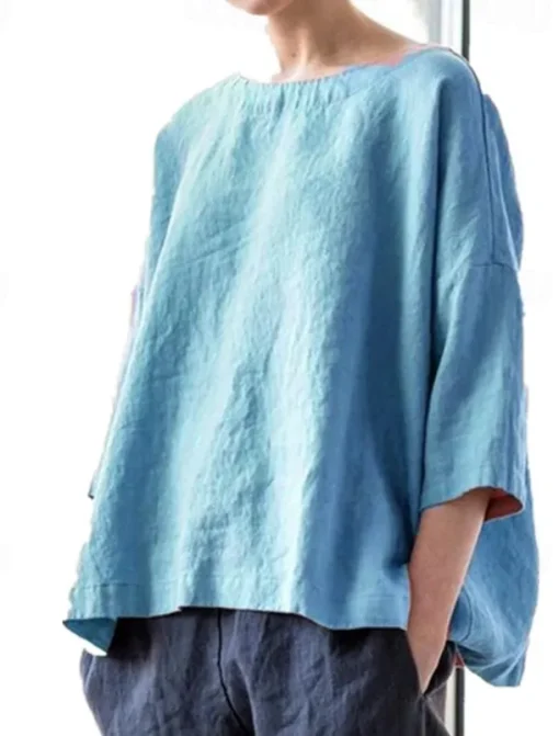 Women's Shirt Linen-Inspired Shirts Blouse Plain Fashion Round Neck Street Daily Sexy Yellow Pink Blue Purple Green Summer