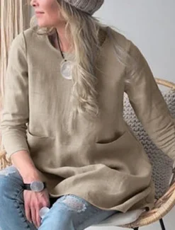 Women's Shirt Linen-Inspired Shirts Blouse Solid Color Stylish Casual 3/4 Length Sleeve Crew Neck Regular Tops Daily Pocket Black Khaki Summer